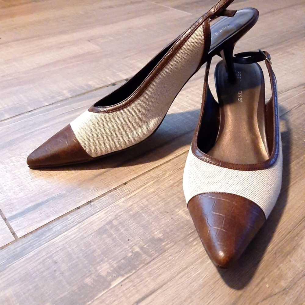Predictions Kitten Heel Mules - Leather and Cream Fabric